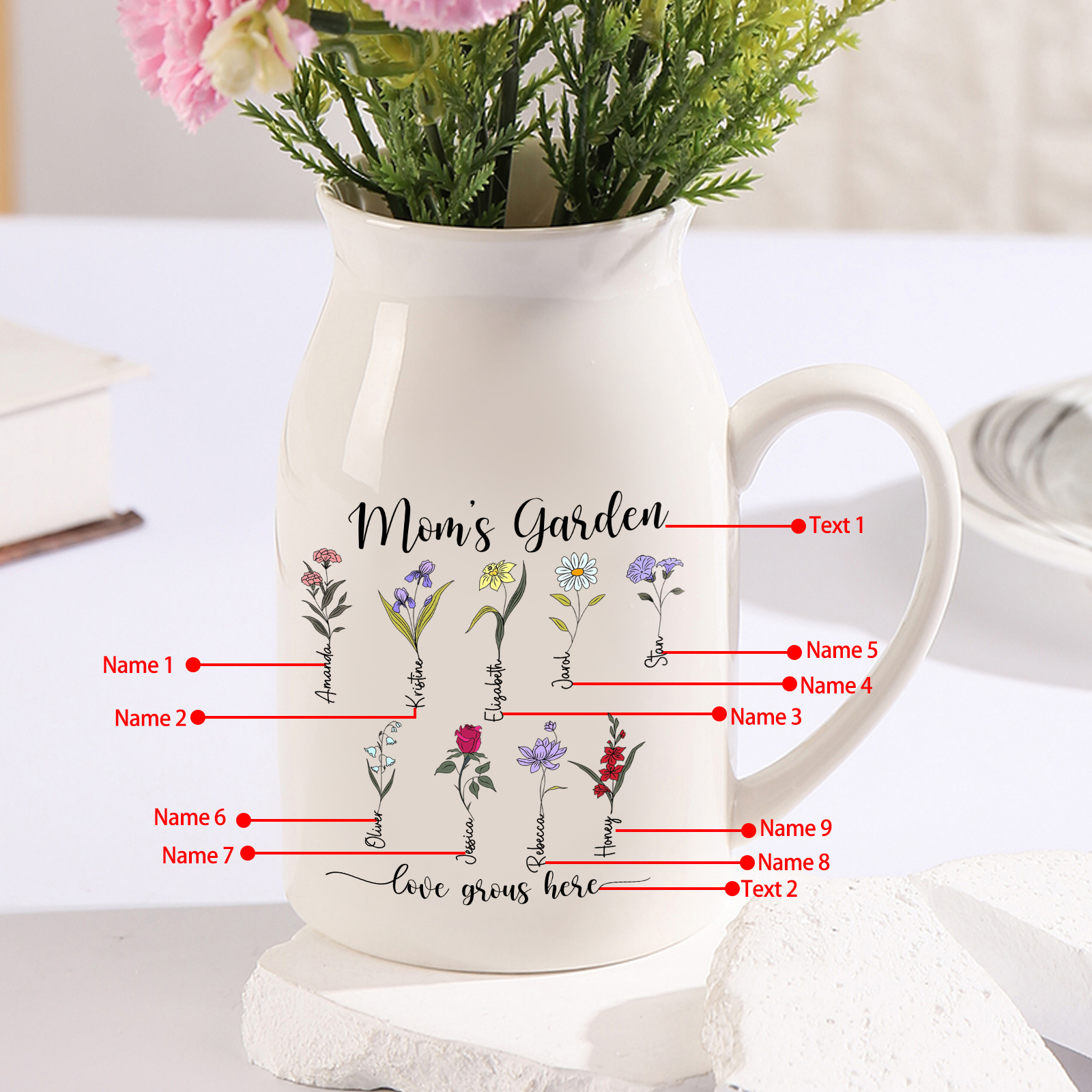 9 Names Personalized Vase with Birthday Flowers – Add 9 Names 2 Texts – Ceramic Custom Gift for Mom, Grandma, Family