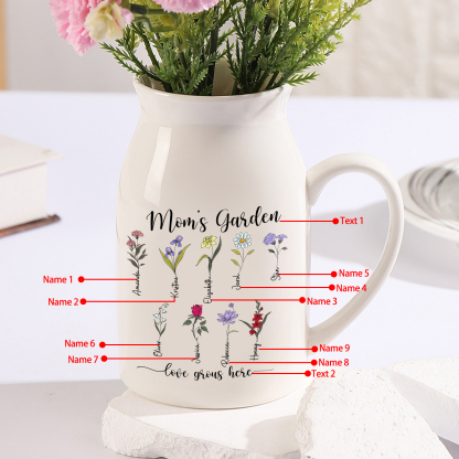 9 Names Personalized Vase with Birthday Flowers – Add 9 Names 2 Texts – Ceramic Custom Gift for Mom, Grandma, Family