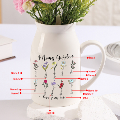 10 Names Personalized Vase with Birthday Flowers – Add 10 Names 2 Texts – Ceramic Custom Gift for Mom, Grandma, Family