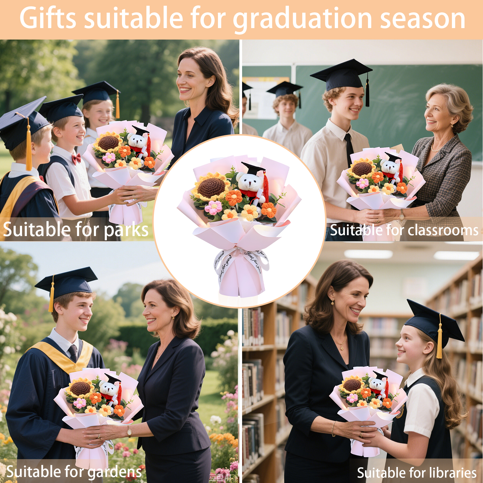 Unique Graduation Bouquet – Handmade Sunflower, Graduation Bear & Yarn Flowers