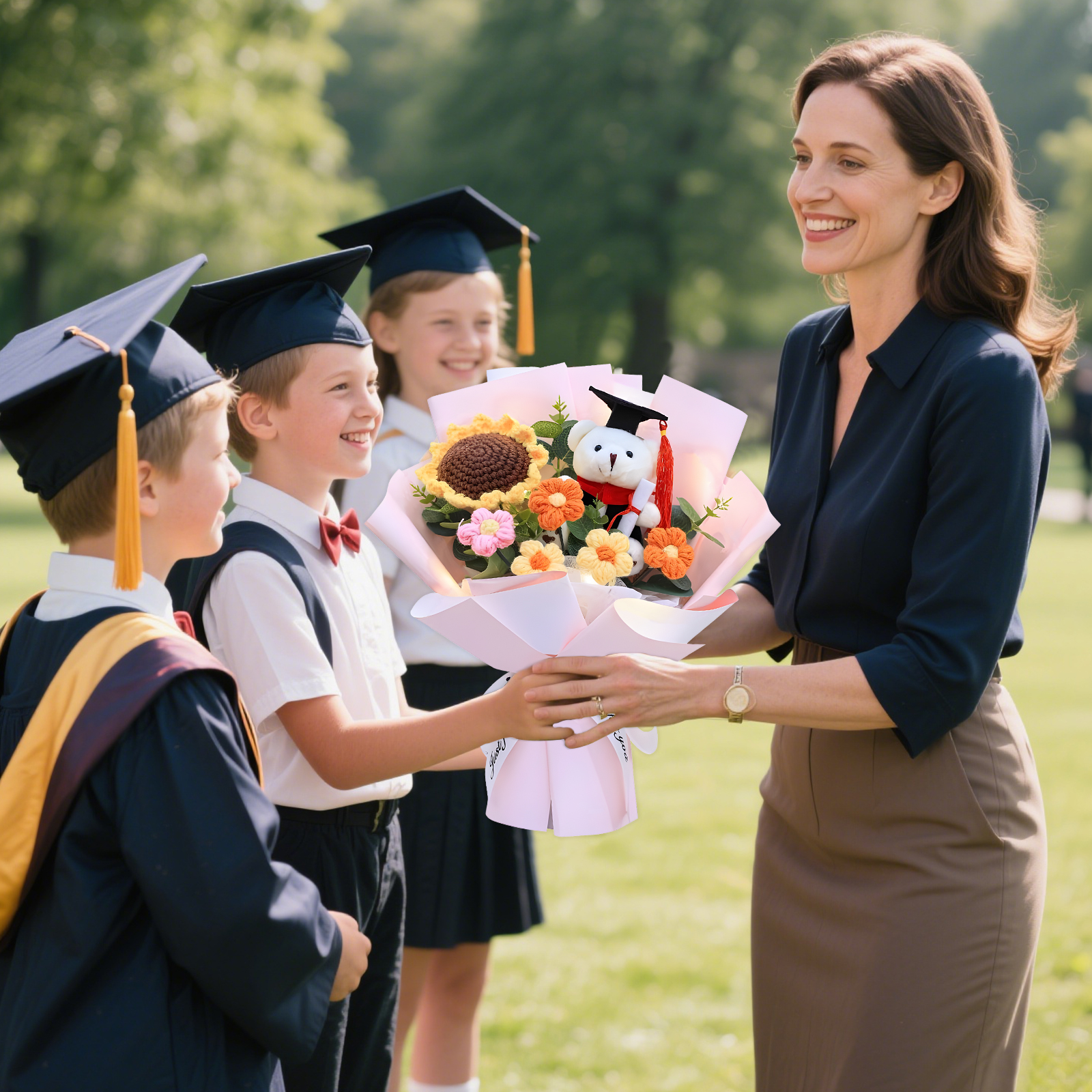 Unique Graduation Bouquet – Handmade Sunflower, Graduation Bear & Yarn Flowers