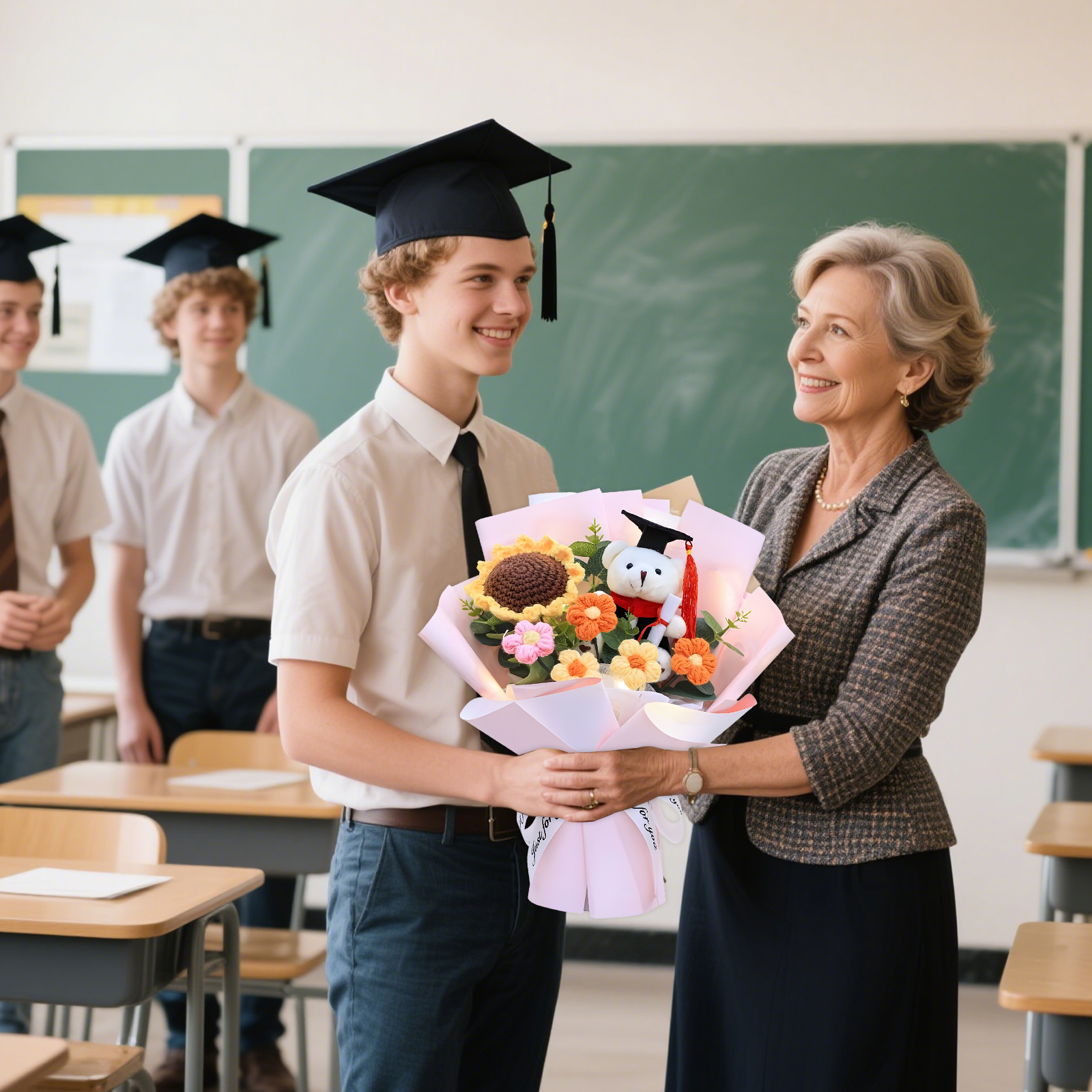 Unique Graduation Bouquet – Handmade Sunflower, Graduation Bear & Yarn Flowers