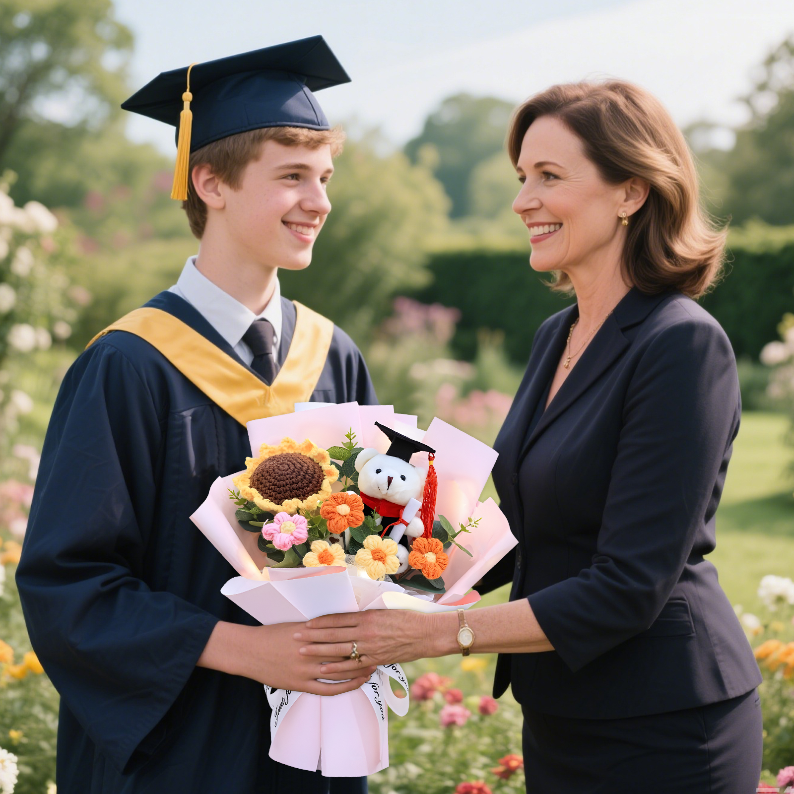 Unique Graduation Bouquet – Handmade Sunflower, Graduation Bear & Yarn Flowers