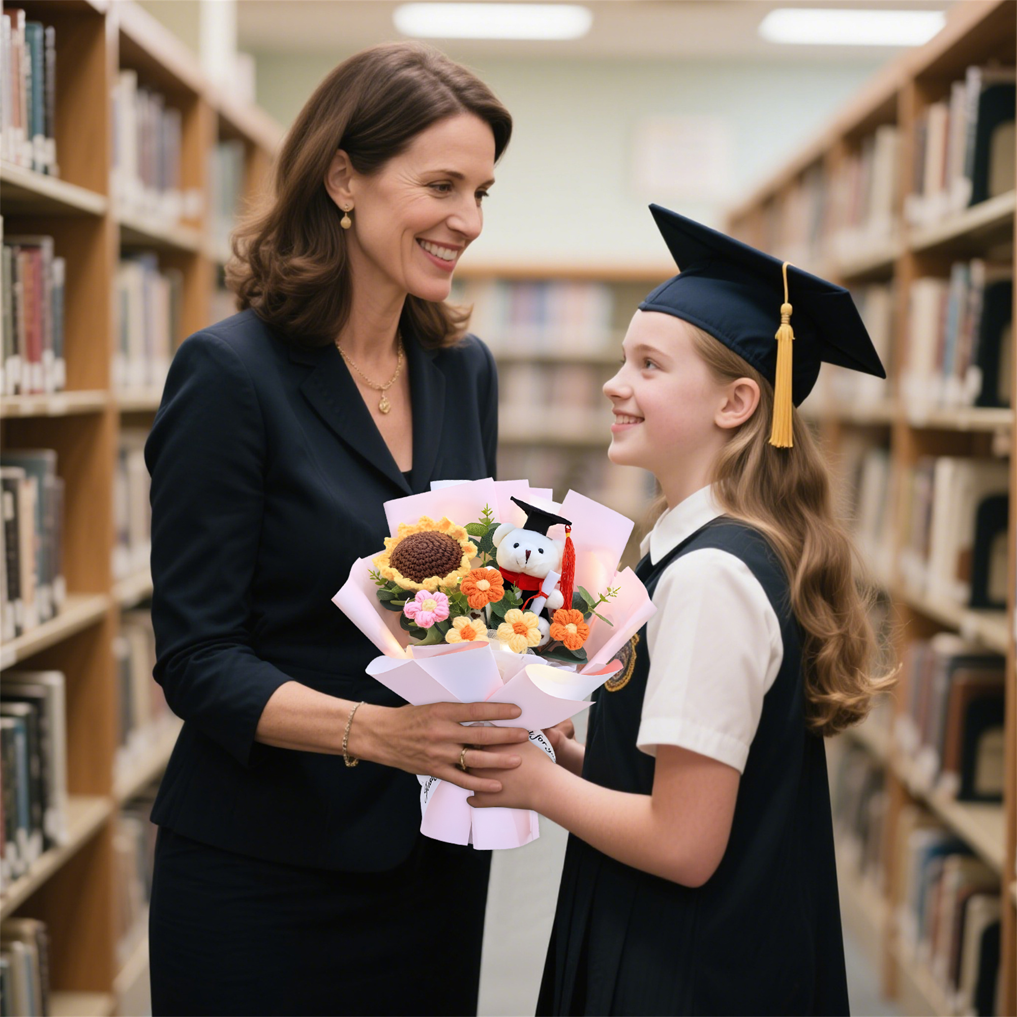 Unique Graduation Bouquet – Handmade Sunflower, Graduation Bear & Yarn Flowers