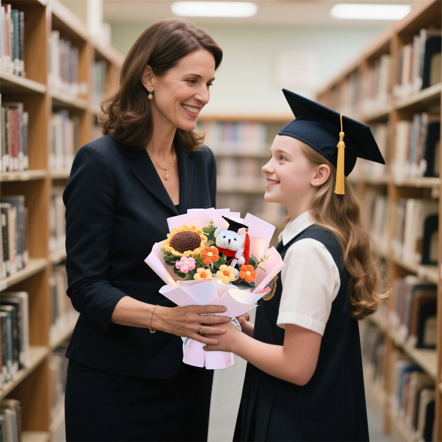 Unique Graduation Bouquet – Handmade Sunflower, Graduation Bear & Yarn Flowers