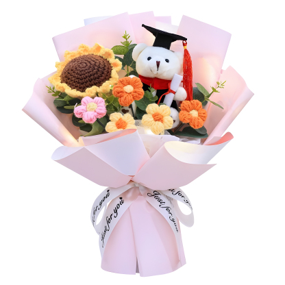 Unique Graduation Bouquet – Handmade Sunflower, Graduation Bear & Yarn Flowers