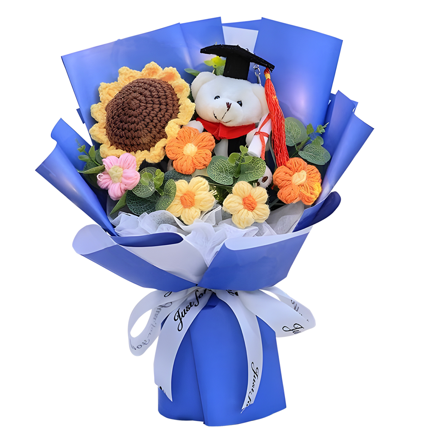 Unique Graduation Bouquet – Handmade Sunflower, Graduation Bear & Yarn Flowers