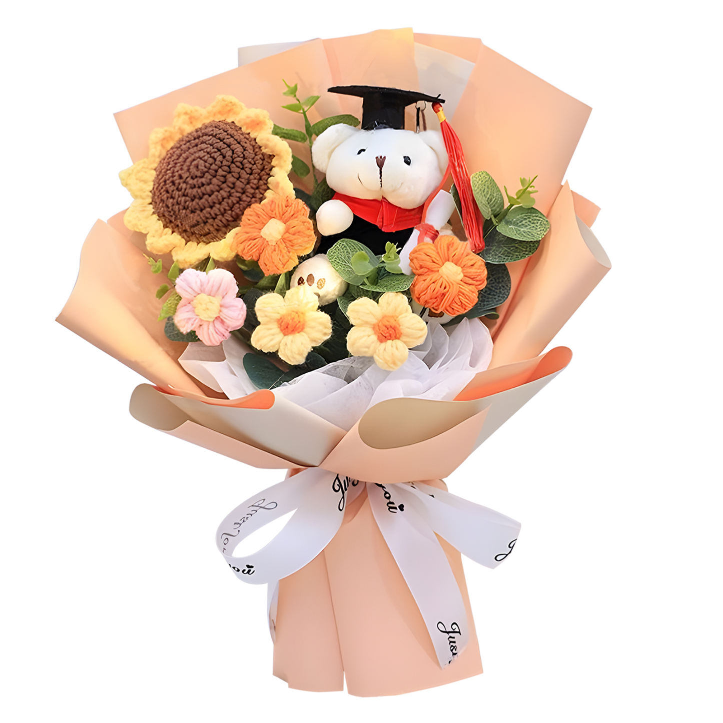 Unique Graduation Bouquet – Handmade Sunflower, Graduation Bear & Yarn Flowers