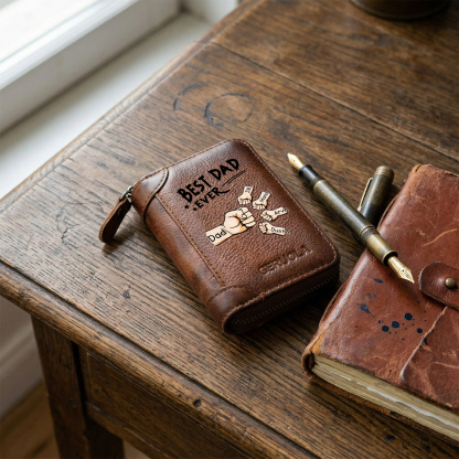 Personalized Genuine Leather Card Holder Custom with 1–6 Names and Fists Zippered Wallet for the Best Dad Grandpa