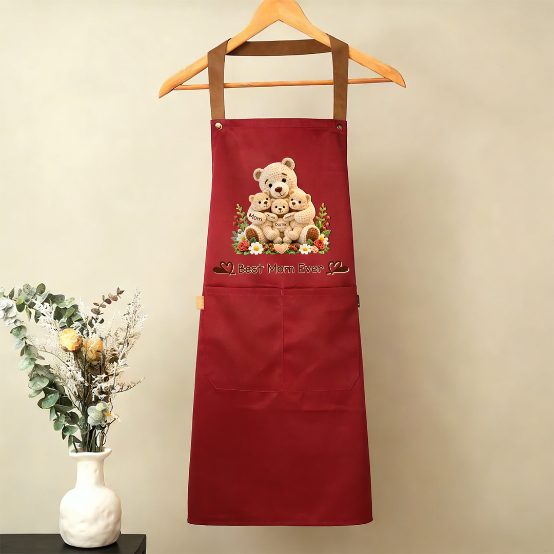 Personalized Cooking Apron With Pocket Customized With 1-10 Names And Teddy Bear