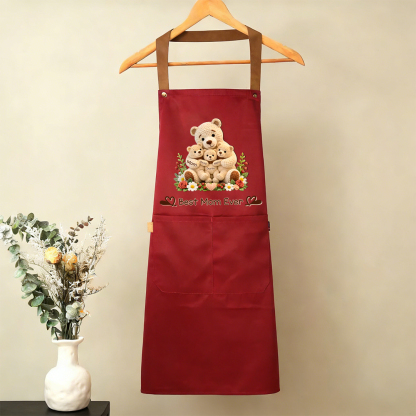 Personalized Cooking Apron With Pocket Customized With 1-10 Names And Teddy Bear