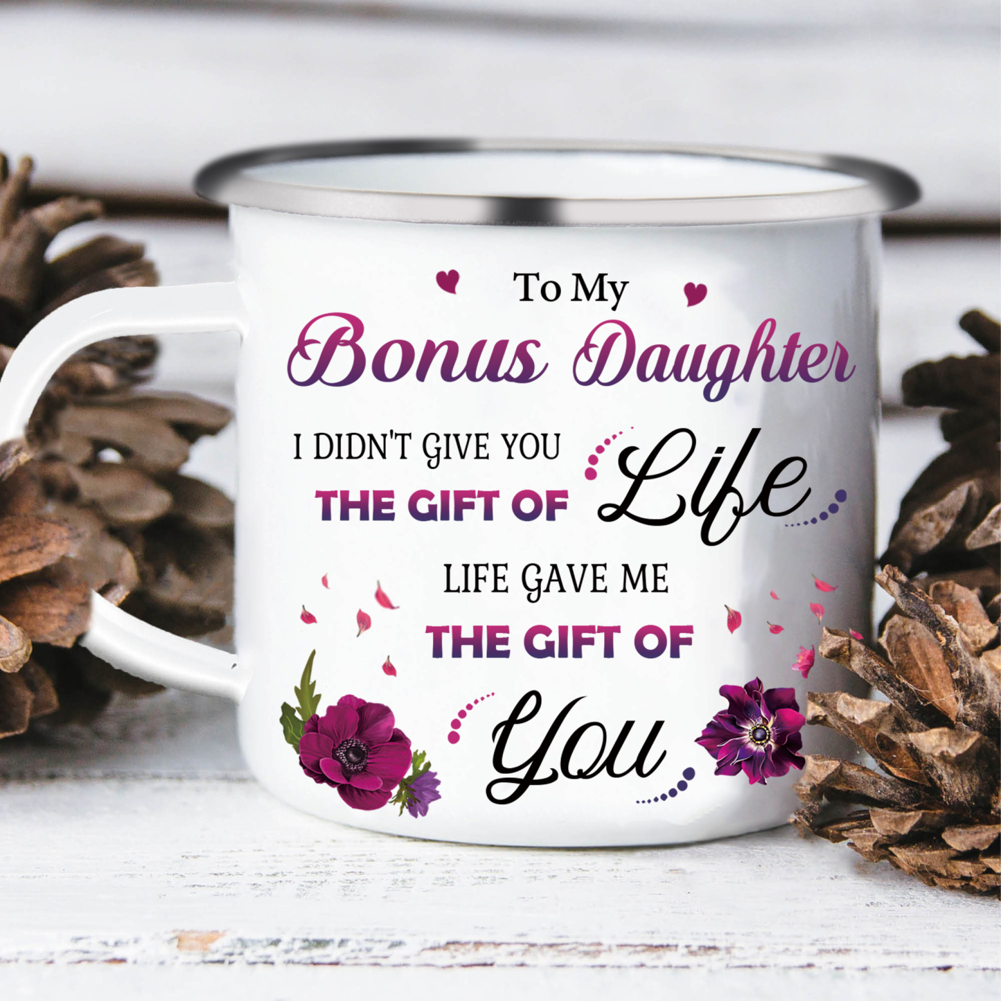 To My Bonus Daughter Christmas Gift Set with Violet Flower Heart Candle Holder Mug "Life Gave Me The Gift of You" Candlestick | Jessemade