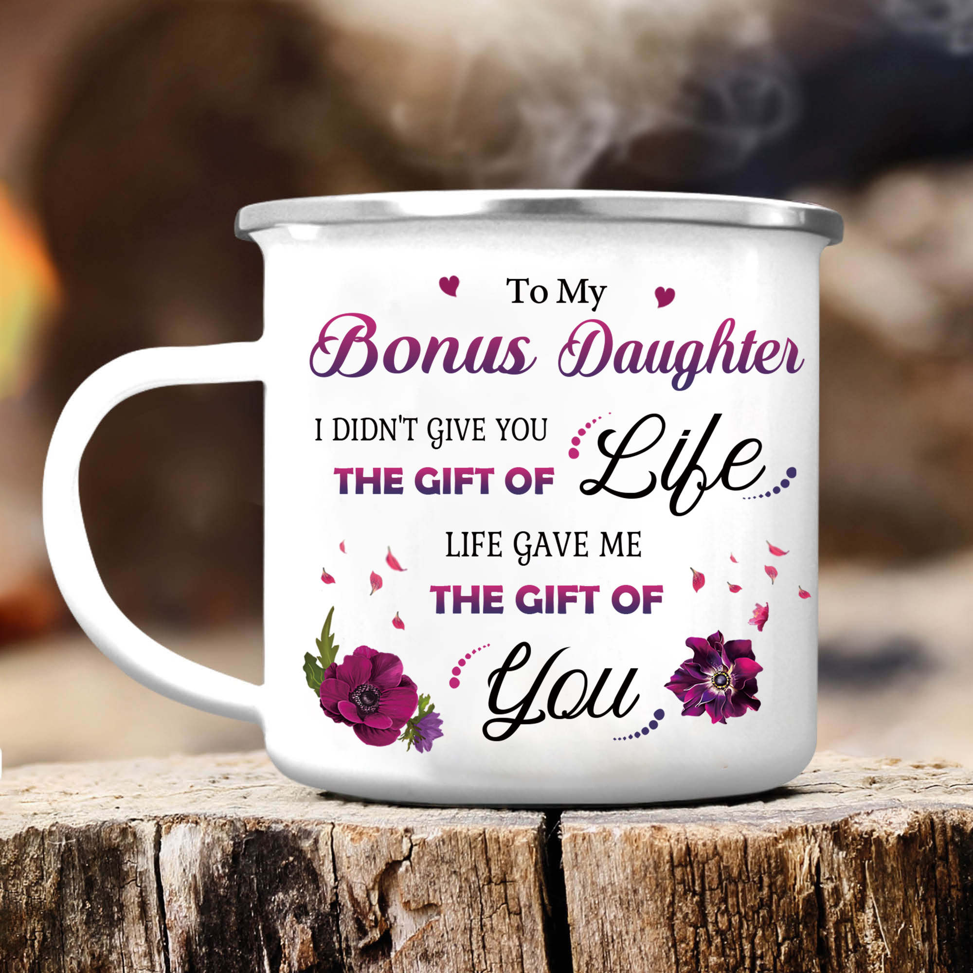 To My Bonus Daughter Christmas Gift Set with Violet Flower Heart Candle Holder Mug "Life Gave Me The Gift of You" Candlestick | Jessemade