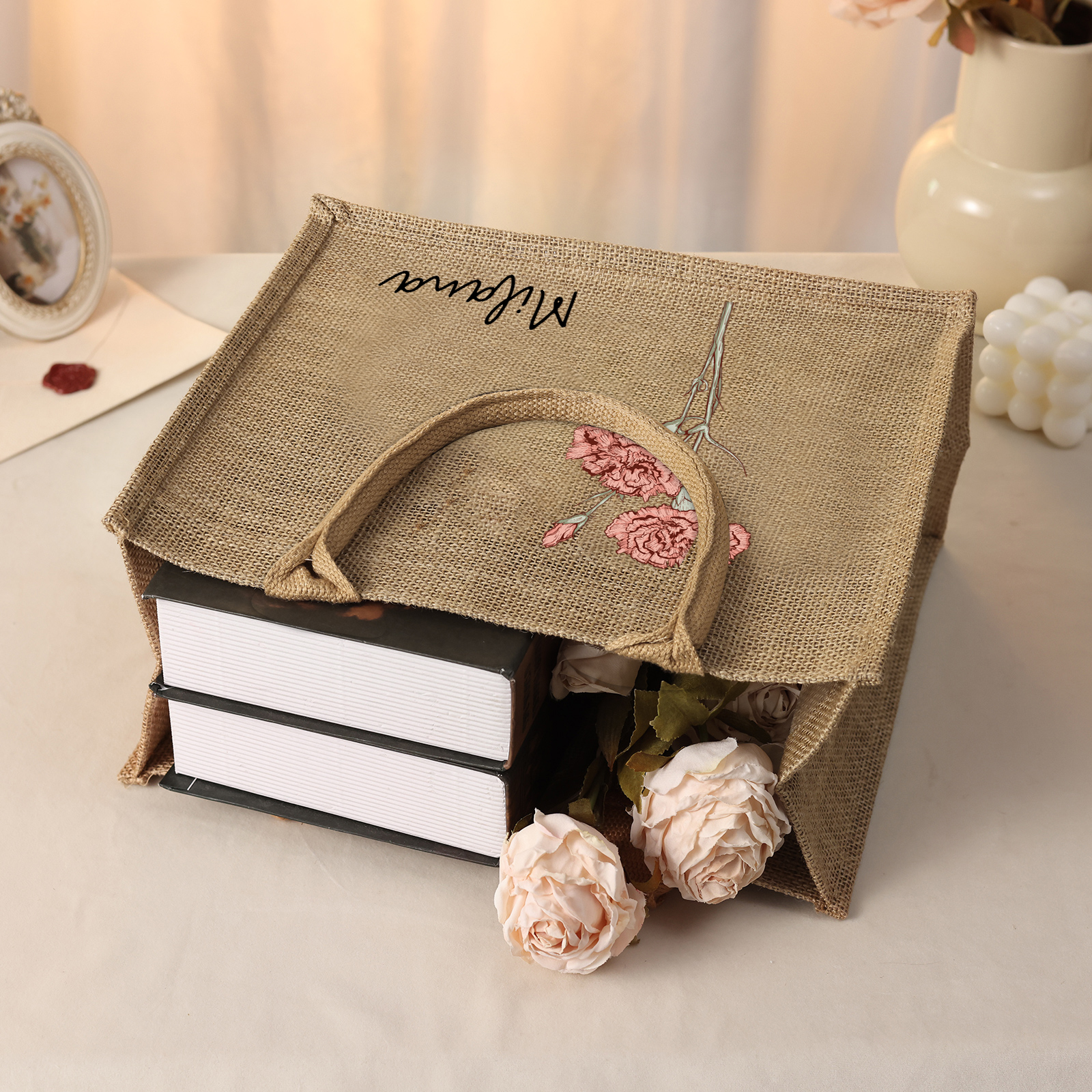 Personalized Birth Flower & Name Tote Bag Beach Jute Bag Birthday Wedding Party Travel Gift for Women/Girls