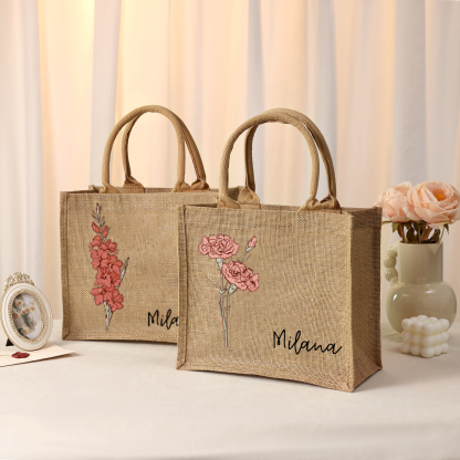 Personalized Birth Flower & Name Tote Bag Beach Jute Bag Birthday Wedding Party Travel Gift for Women/Girls