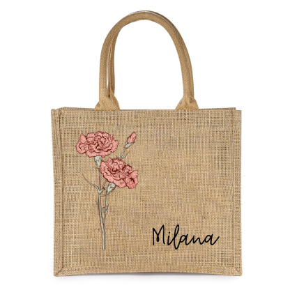 Personalized Birth Flower & Name Tote Bag Beach Jute Bag Birthday Wedding Party Travel Gift for Women/Girls