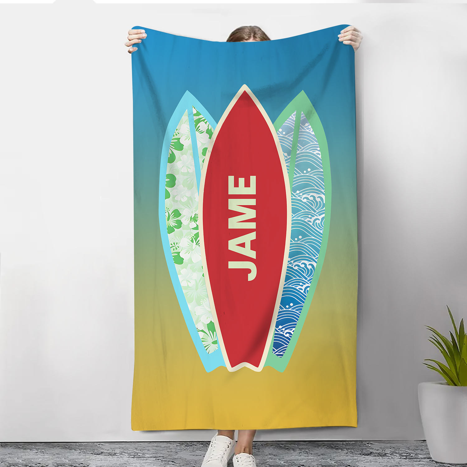 Personalized Name Summer Blue Feather Beach Personalized Beach Towel