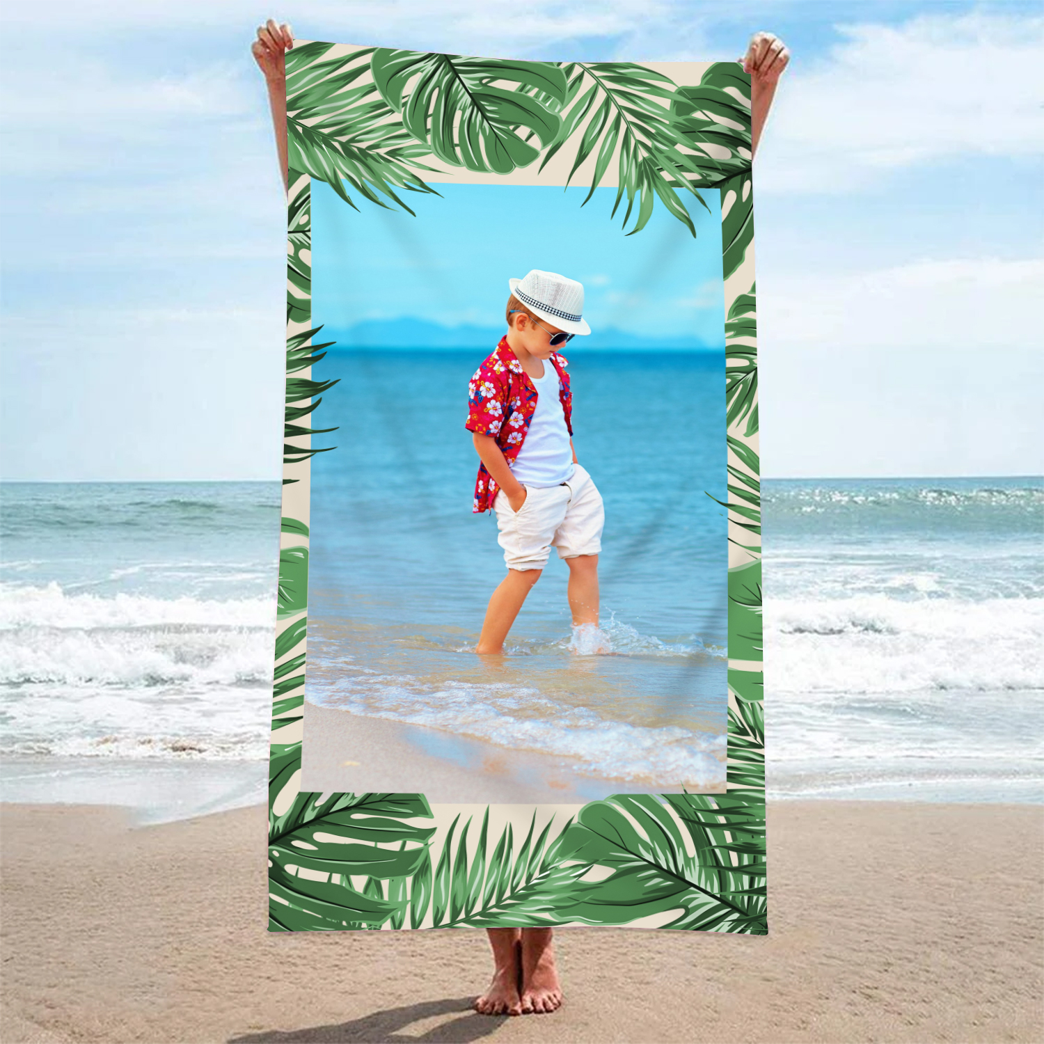 Personalized 1 Photo Summer Green Feather Beach Personalized Beach Towel For Her/Him