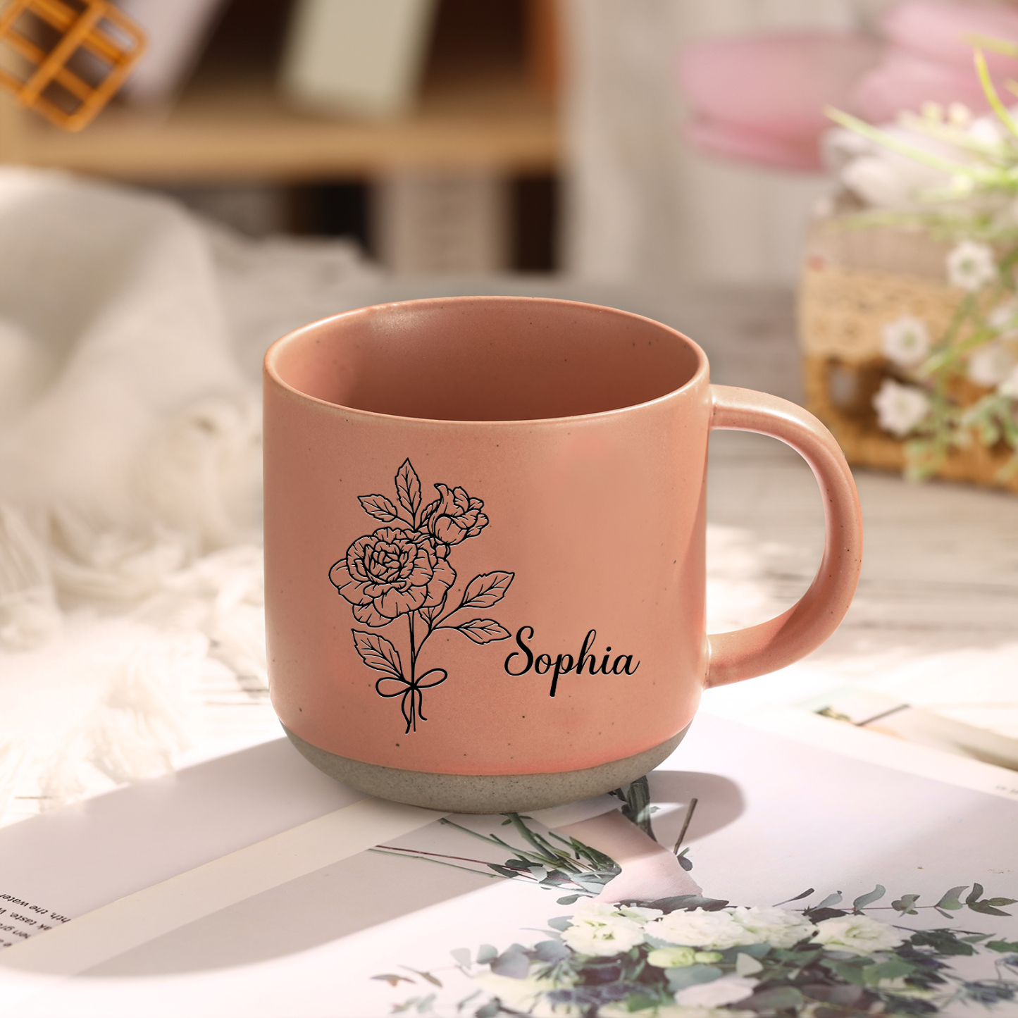 Personalised Ceramic Mug With Birth Flowers and Name Enamel Mug As A Gift for Mum/Nan