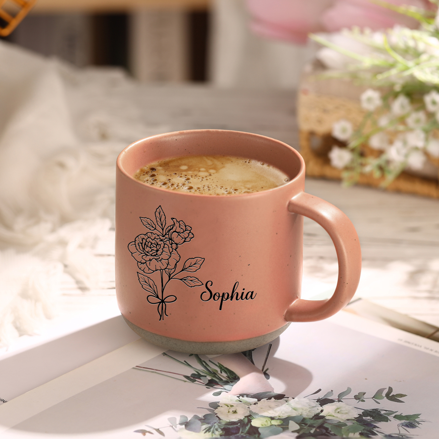 Personalised Ceramic Mug With Birth Flowers and Name Enamel Mug As A Gift for Mum/Nan