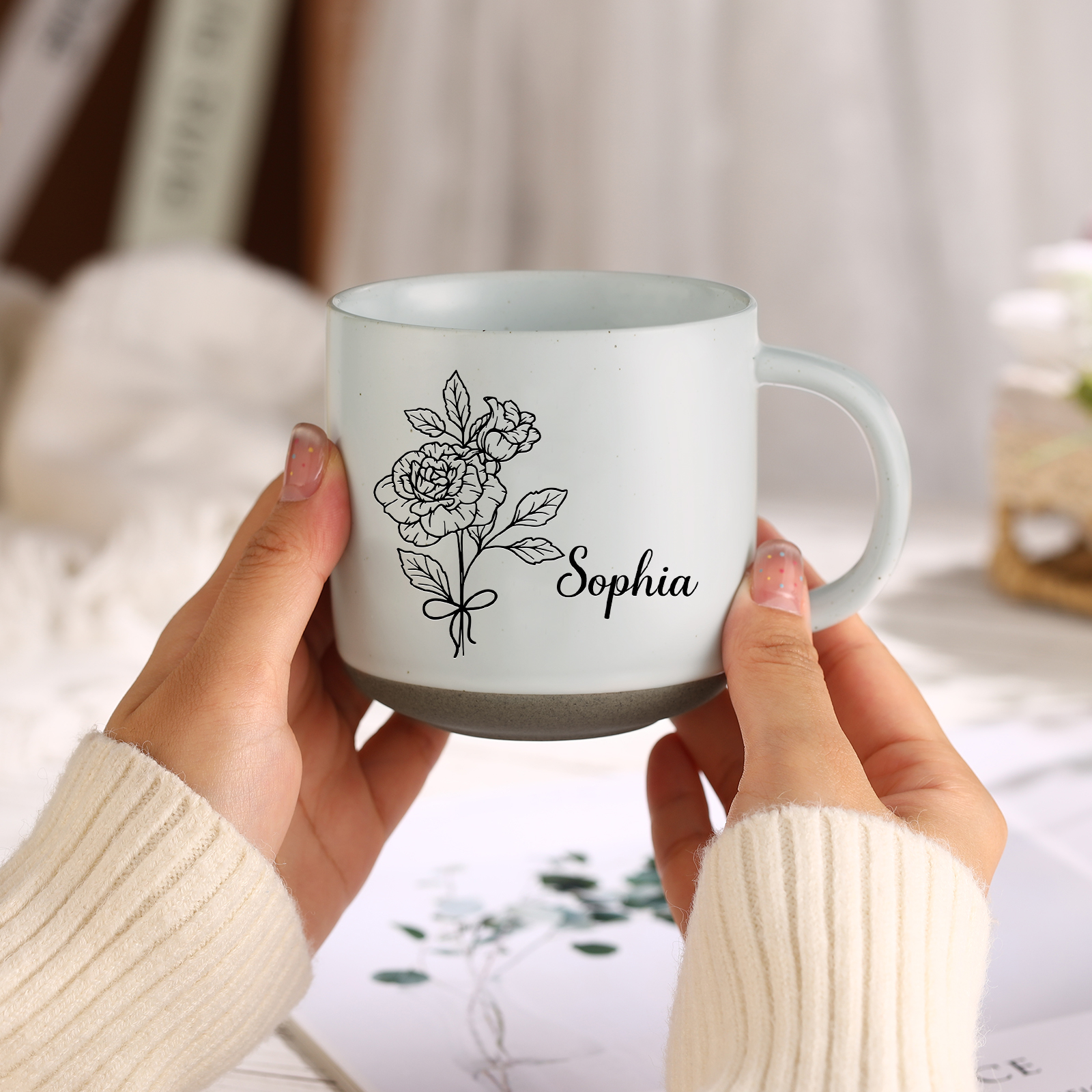 Personalised Ceramic Mug With Birth Flowers and Name Enamel Mug As A Gift for Mum/Nan