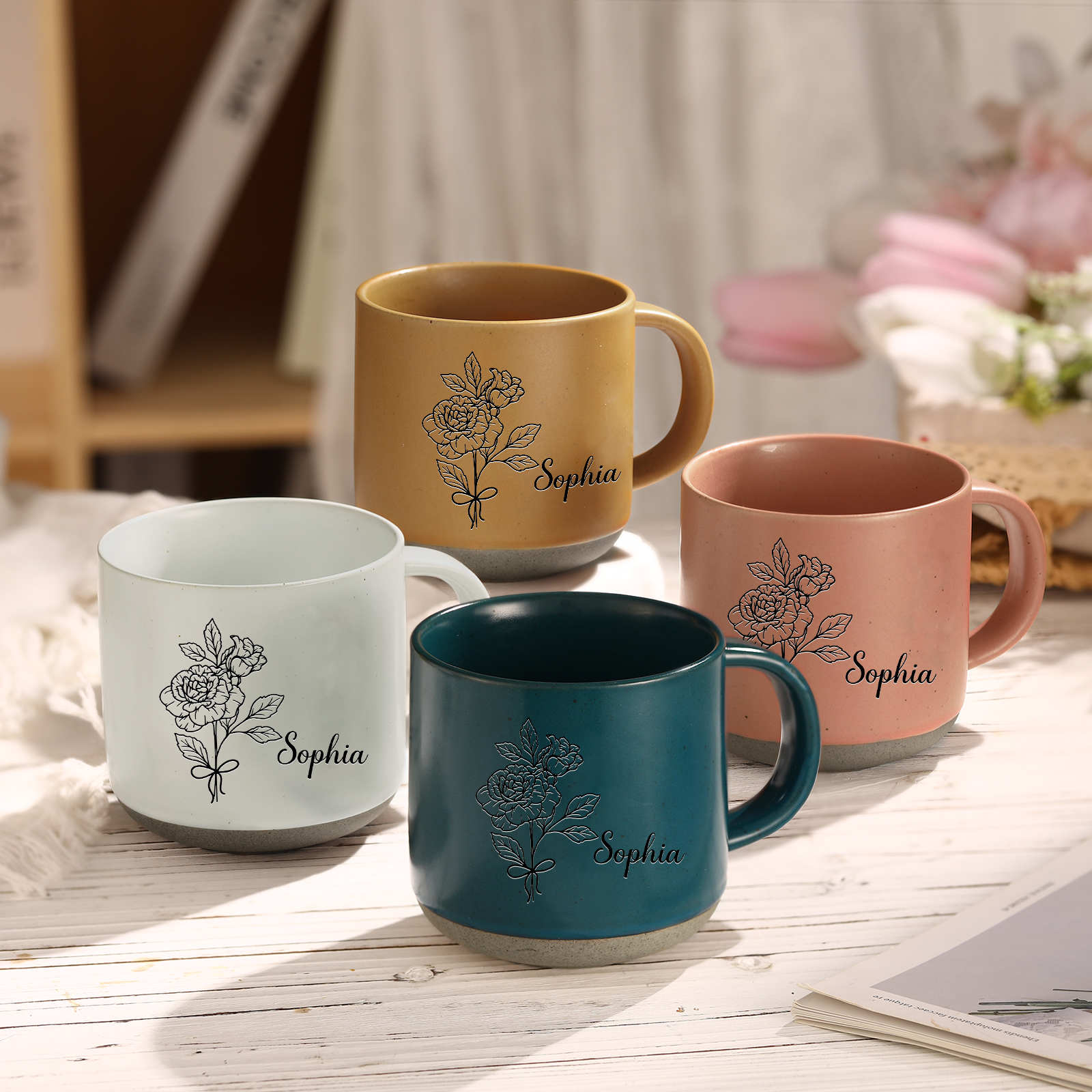 Personalised Ceramic Mug With Birth Flowers and Name Enamel Mug As A Gift for Mum/Nan