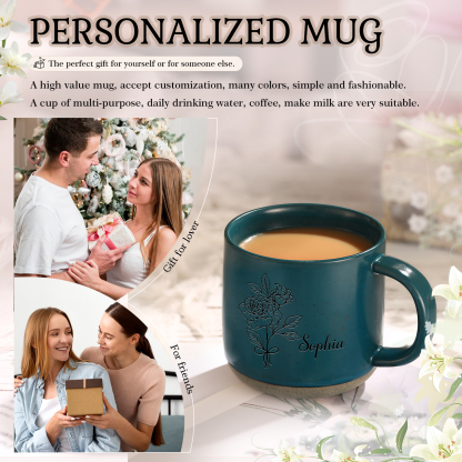 Personalised Ceramic Mug With Birth Flowers and Name Enamel Mug As A Gift for Mum/Nan