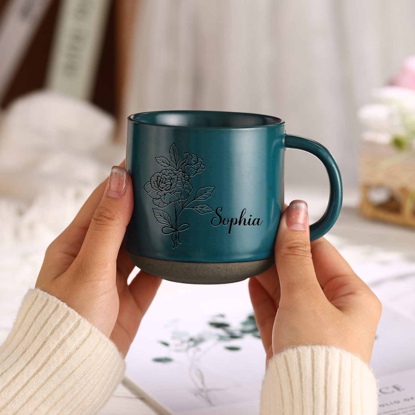 Personalised Ceramic Mug With Birth Flowers and Name Enamel Mug As A Gift for Mum/Nan