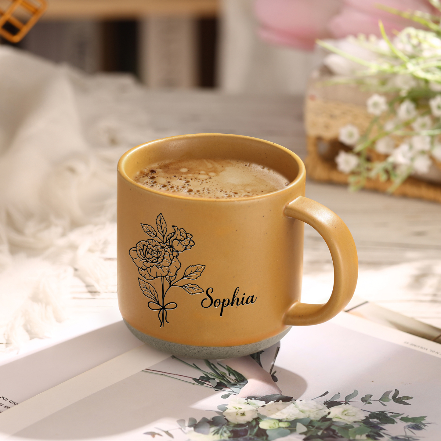 Personalised Ceramic Mug With Birth Flowers and Name Enamel Mug As A Gift for Mum/Nan