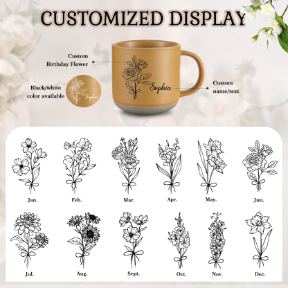 Personalised Ceramic Mug With Birth Flowers and Name Enamel Mug As A Gift for Mum/Nan