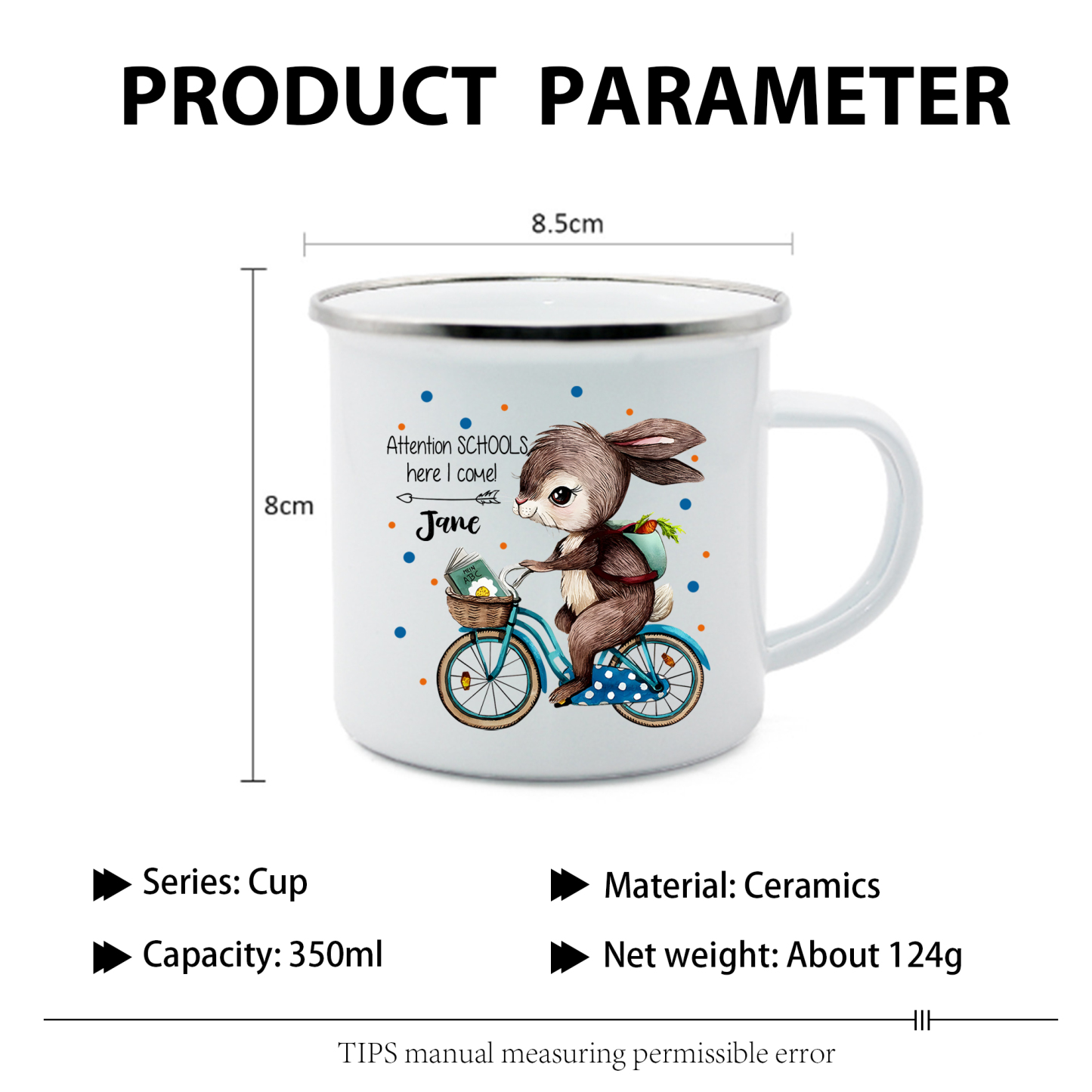 Personalized Enamel Cup Custom Name Mug Rabbit Riding A Bicycle Back To School Gift For Kids