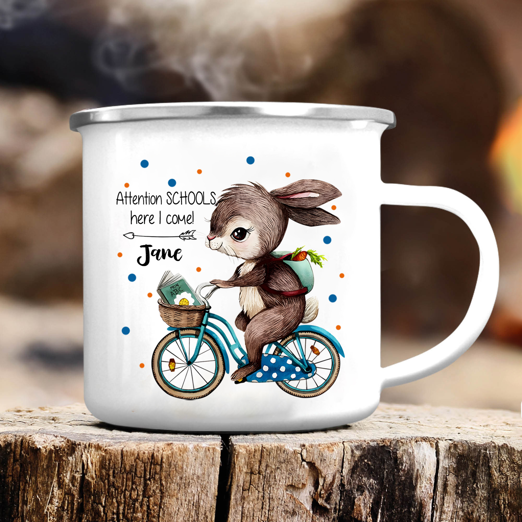 Personalized Enamel Cup Custom Name Mug Rabbit Riding A Bicycle Back To School Gift For Kids