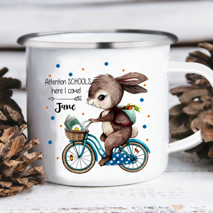 Personalized Enamel Cup Custom Name Mug Rabbit Riding A Bicycle Back To School Gift For Kids