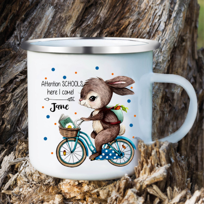Personalized Enamel Cup Custom Name Mug Rabbit Riding A Bicycle Back T