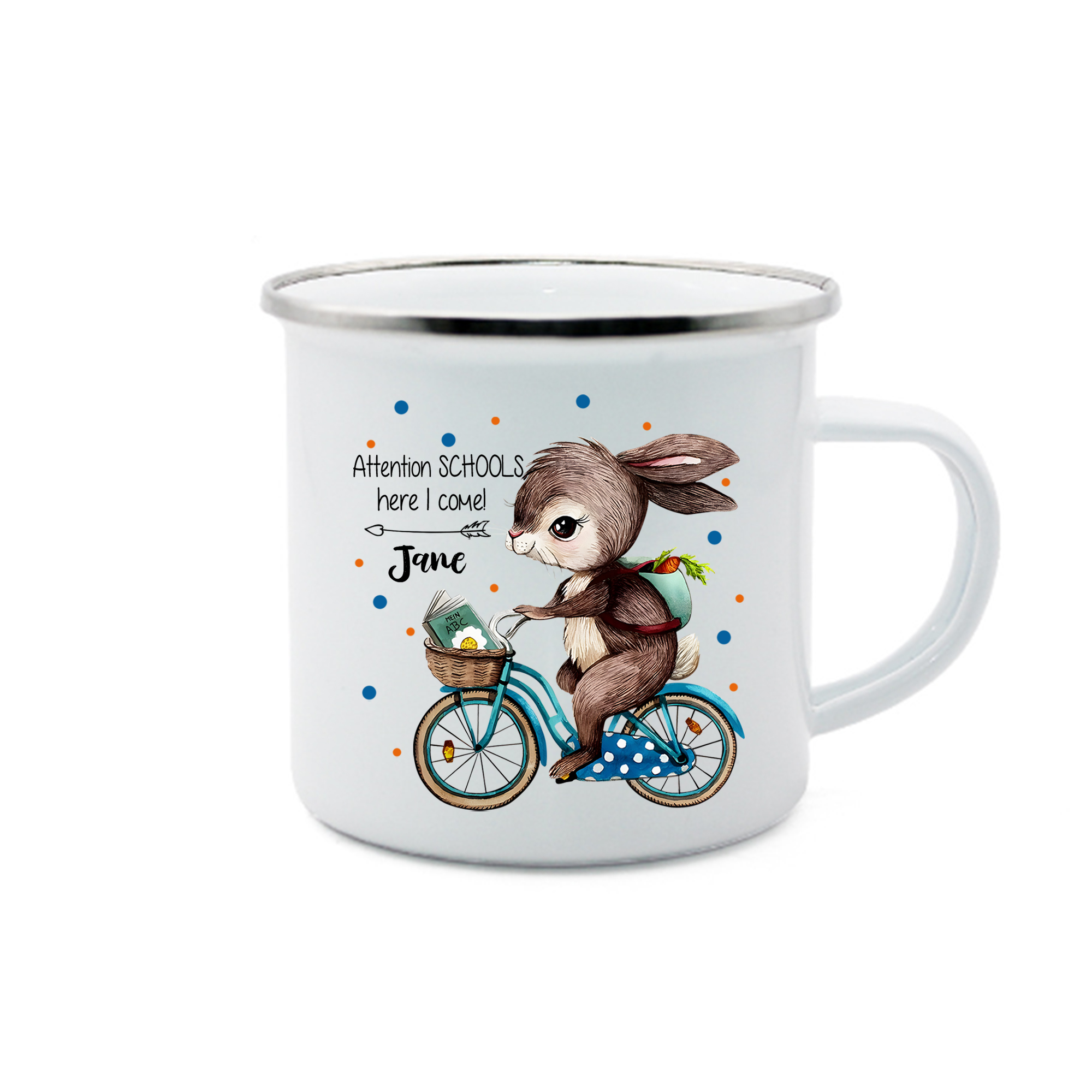 Personalized Enamel Cup Custom Name Mug Rabbit Riding A Bicycle Back To School Gift For Kids