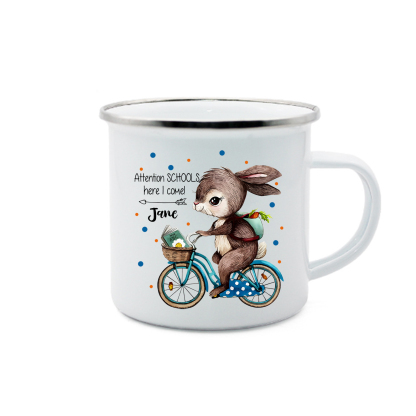 Personalized Enamel Cup Custom Name Mug Rabbit Riding A Bicycle Back To School Gift For Kids
