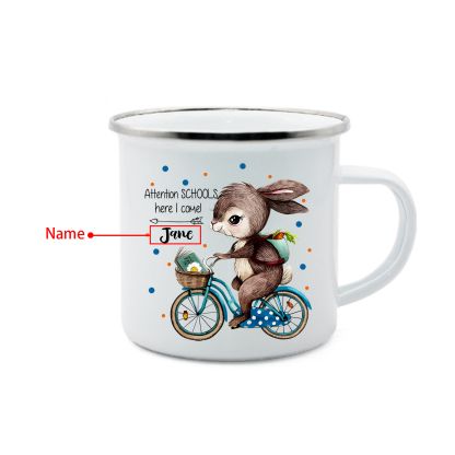 Personalized Enamel Cup Custom Name Mug Rabbit Riding A Bicycle Back To School Gift For Kids