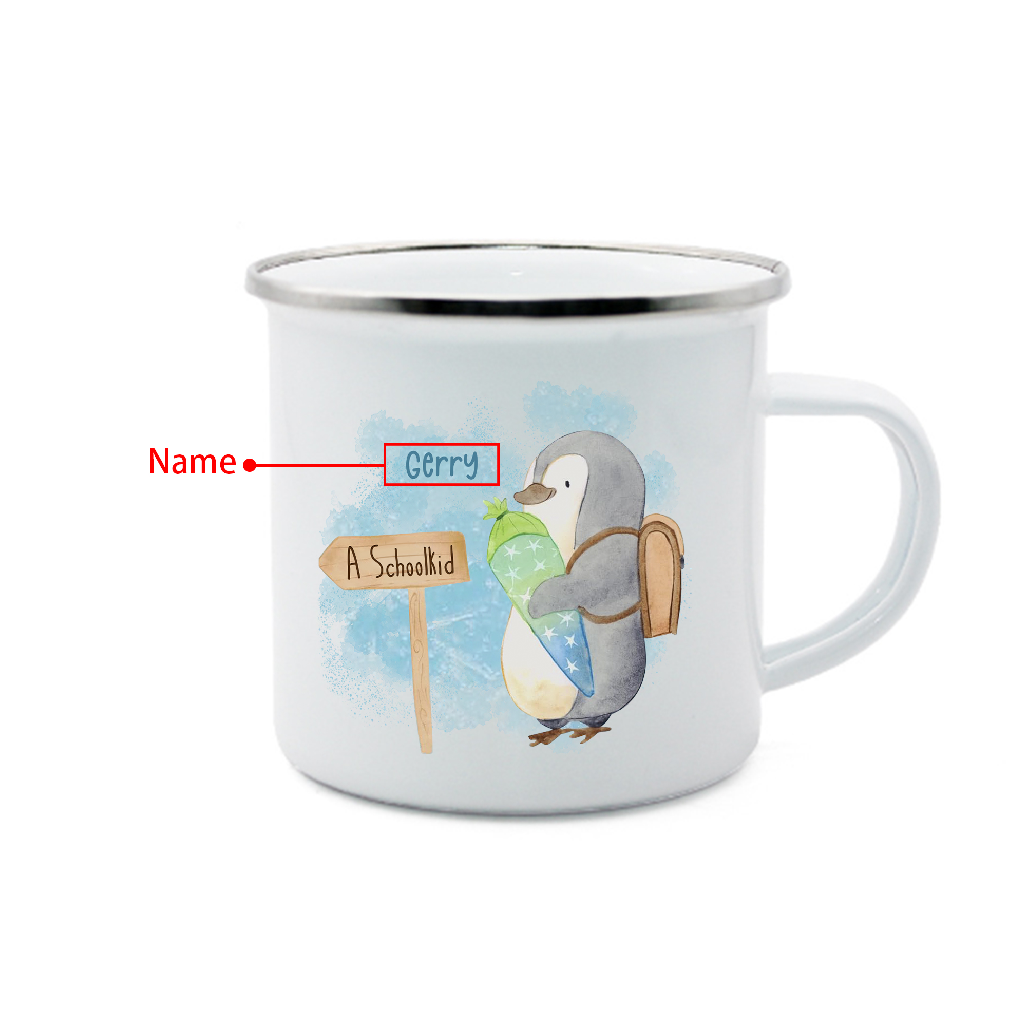Personalized Penguin Enamel Mug Customized Name Children Back to School Gift for Kids