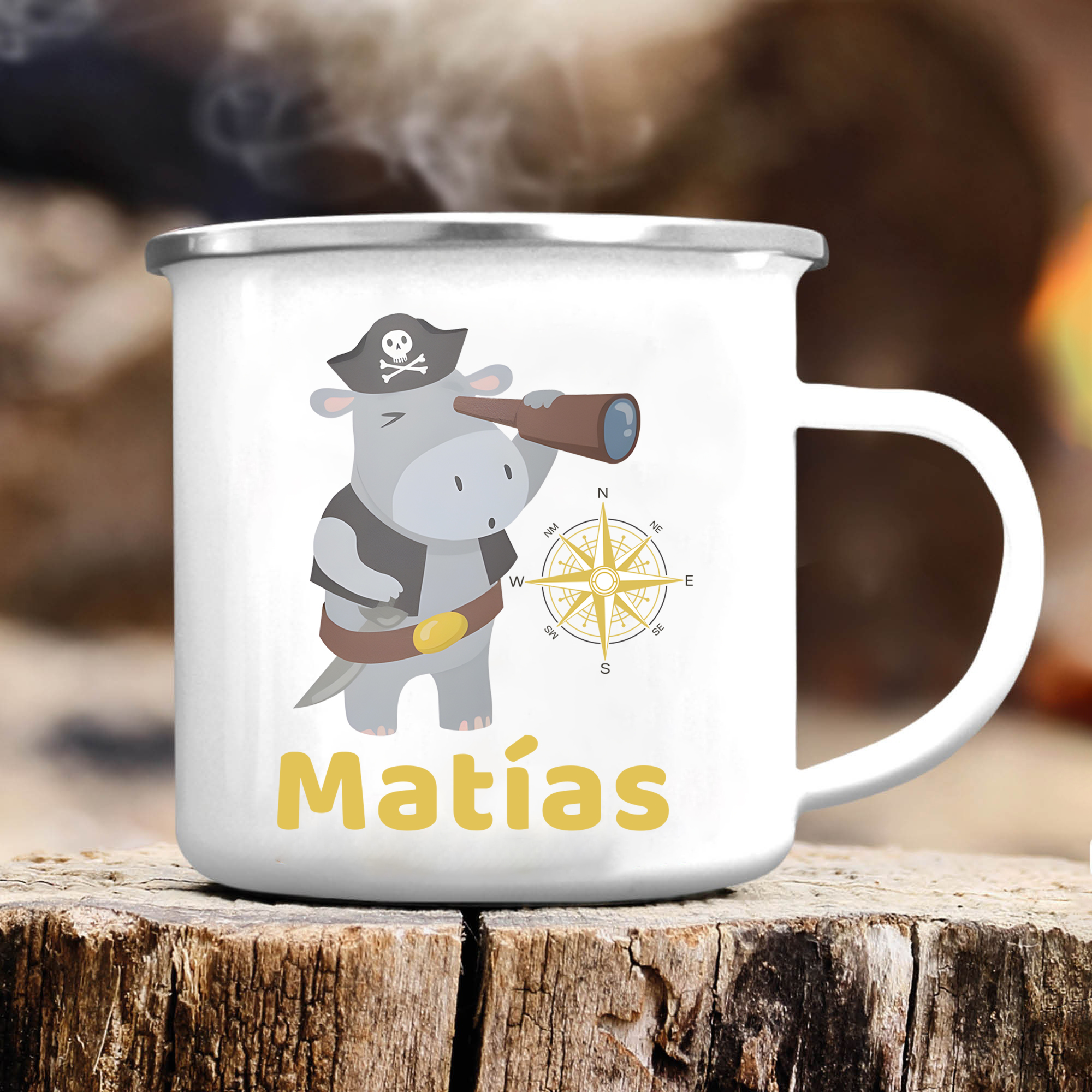 Personalized Enamel Cup Custom Name Hippo Pirate Cup Back to School Gift for Kids