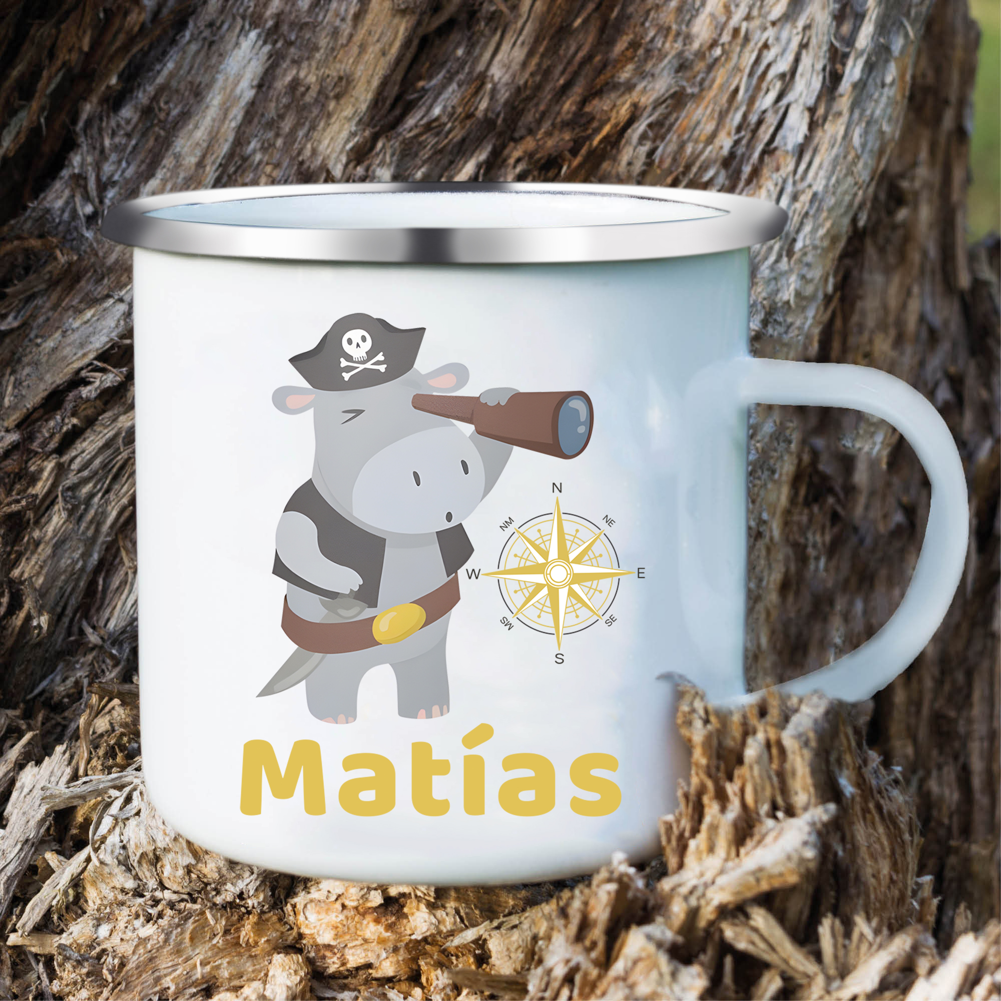 Personalized Enamel Cup Custom Name Hippo Pirate Cup Back to School Gift for Kids