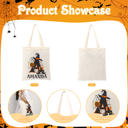 Personalized Halloween Canvas Tote Bag - Custom Letter and Name Design for Family | Jessmade