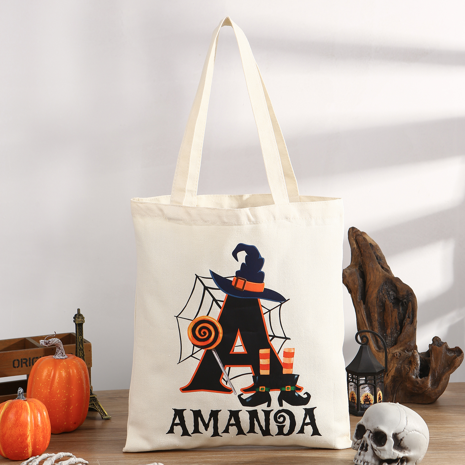 Personalized Halloween Canvas Tote Bag - Custom Letter and Name Design for Family | Jessmade