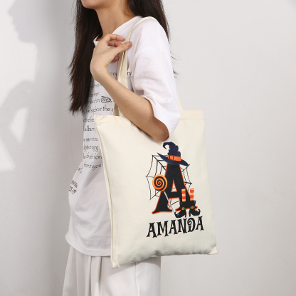 Personalized Halloween Canvas Tote Bag - Custom Letter and Name Design for Family | Jessmade