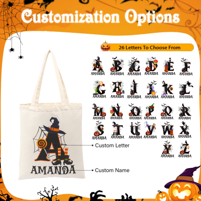 Personalized Halloween Canvas Tote Bag - Custom Letter and Name Design for Family | Jessmade