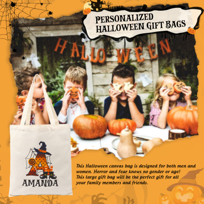 Personalized Halloween Canvas Tote Bag - Custom Letter and Name Design for Family | Jessmade