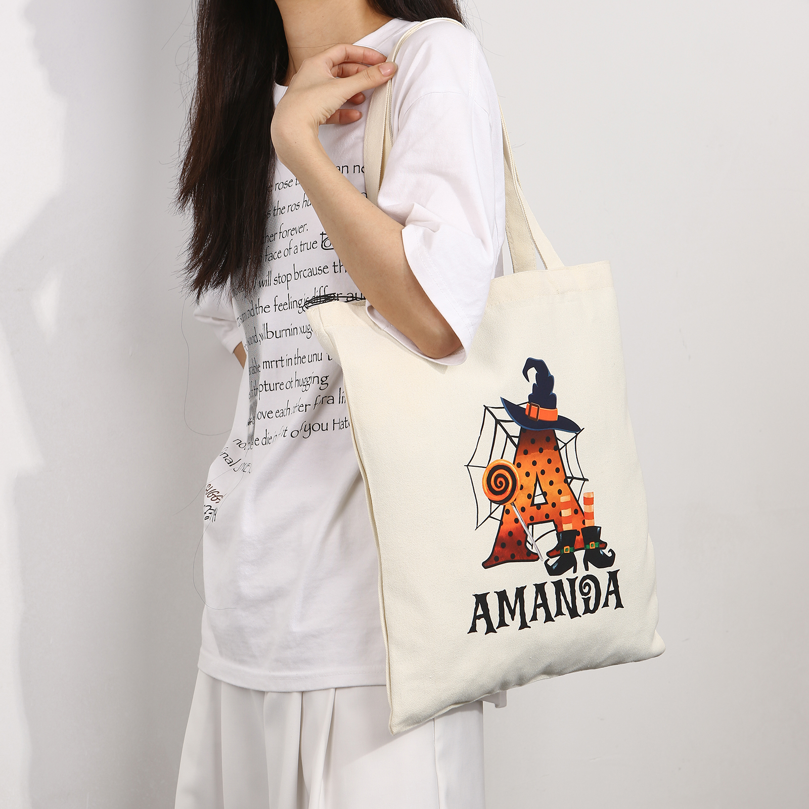 Personalized Halloween Canvas Tote Bag - Custom Letter and Name Design for Family | Jessmade