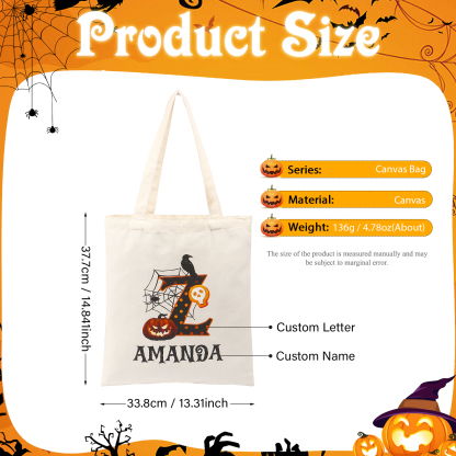 Personalized Halloween Canvas Tote Bag - Custom Letter and Name Design for Family | Jessmade