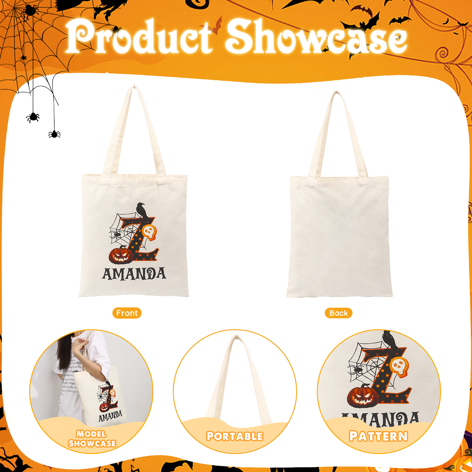 Personalized Halloween Canvas Tote Bag - Custom Letter and Name Design for Family | Jessmade