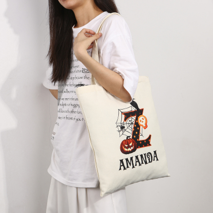Personalized Halloween Canvas Tote Bag - Custom Letter and Name Design for Family | Jessmade