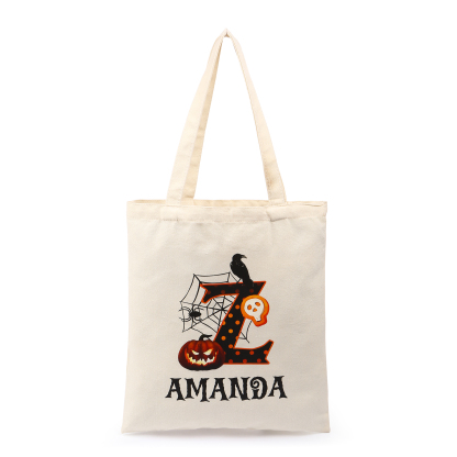 Personalized Halloween Canvas Tote Bag - Custom Letter and Name Design for Family | Jessmade